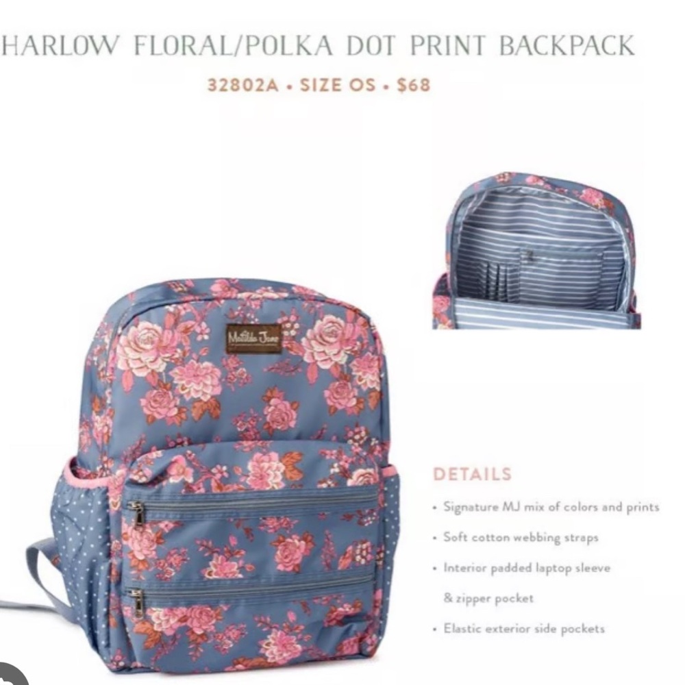 Matilda Jane Harlow Floral Polka Dot Print Backpack - Blue with Pink Roses